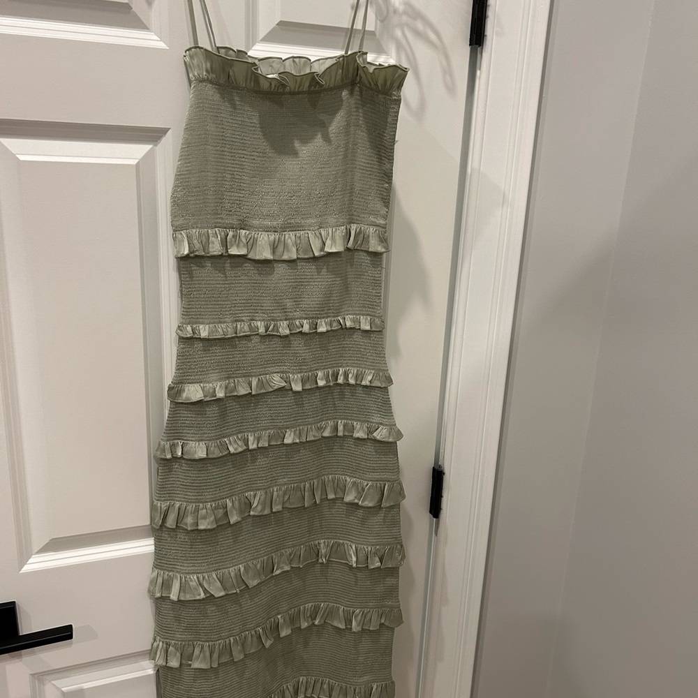 V. Chapman Green Tiered Ruffle Midi Dress